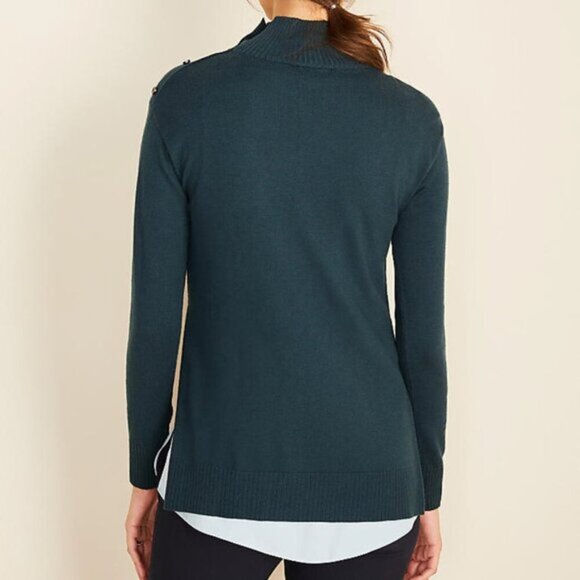NEW NWT ANN TAYLOR Mixed Media Mock Neck Sweater Teal Green Blue Layered Twofer - Picture 3 of 14